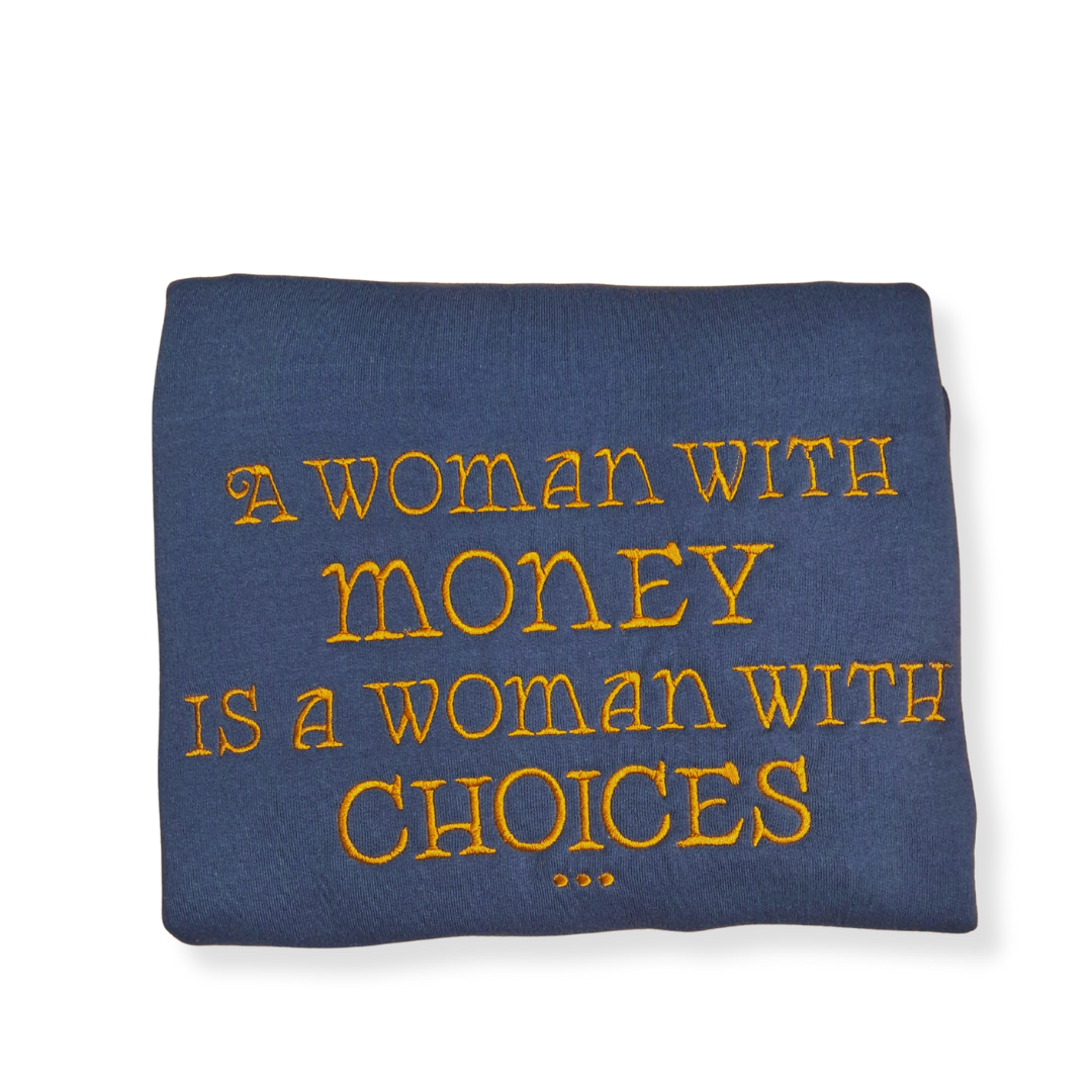 Embroidered "Woman with money" Crew Neck (Blue)
