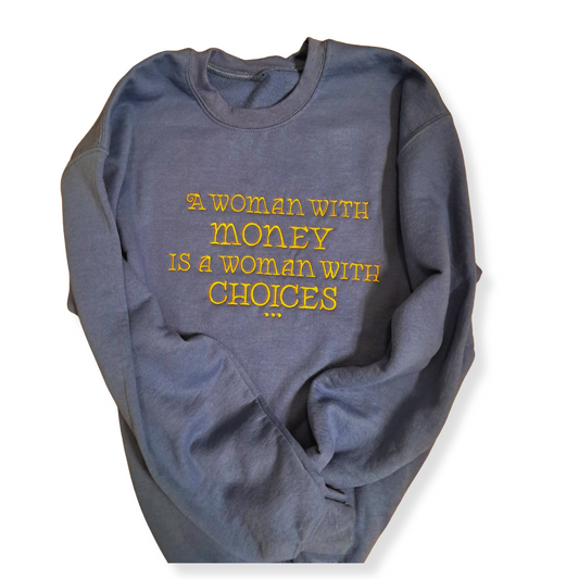 Embroidered "Woman with money" Crew Neck (Blue)