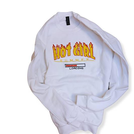 Embroidered "Hot Girl Summer" Crew Neck (White)