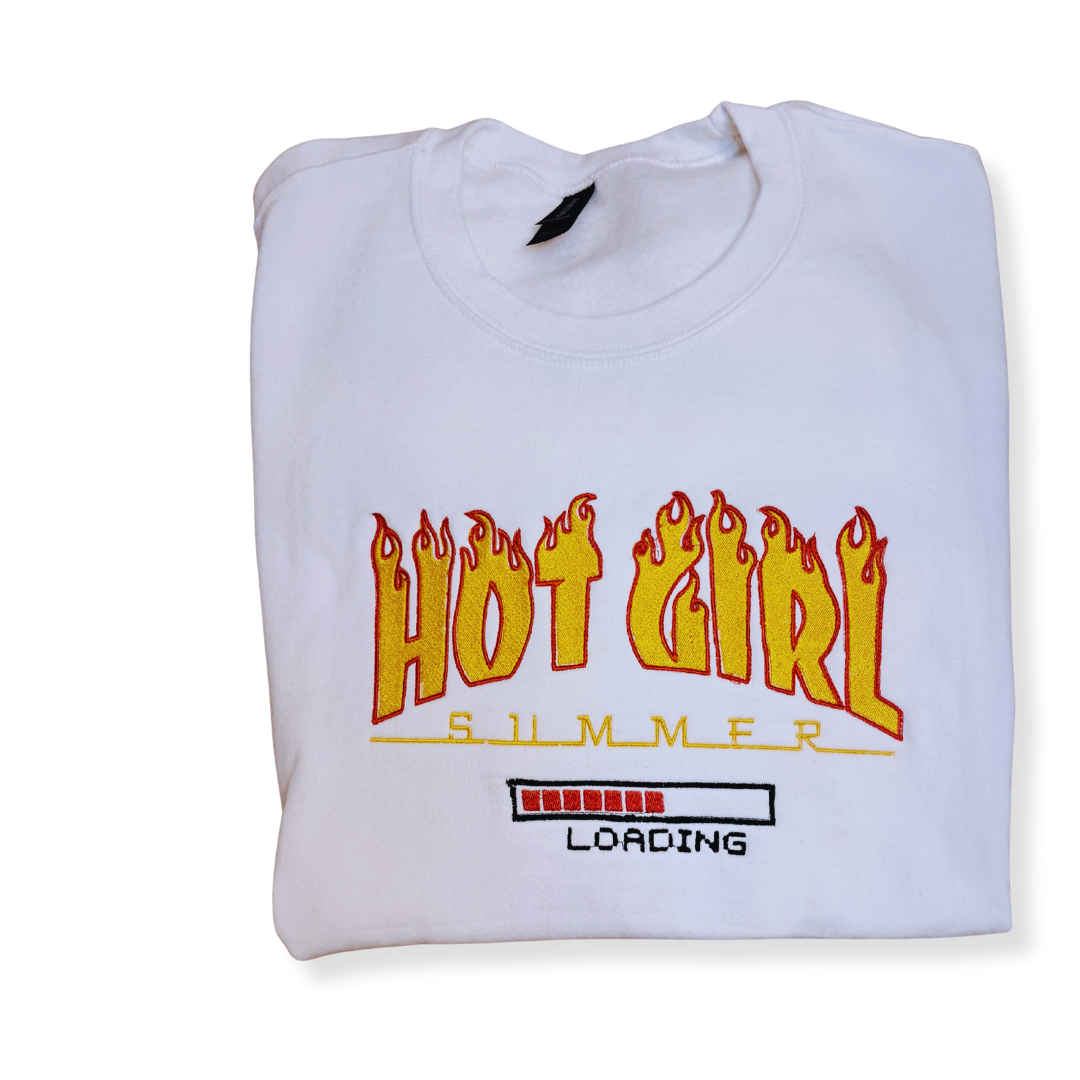 Embroidered "Hot Girl Summer" Crew Neck (White)