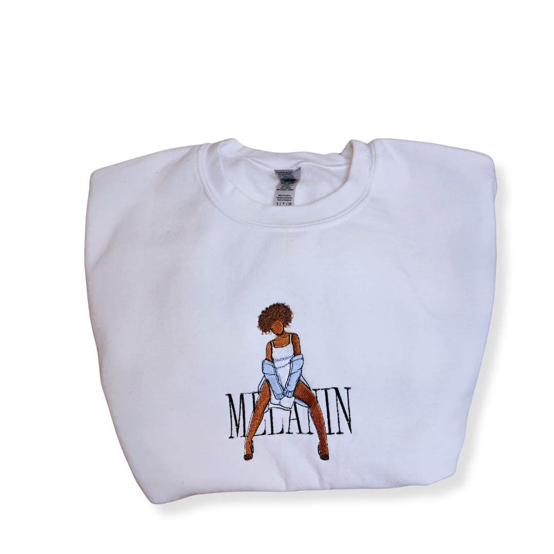 Embroidered "Melanin" Crew Neck (White)
